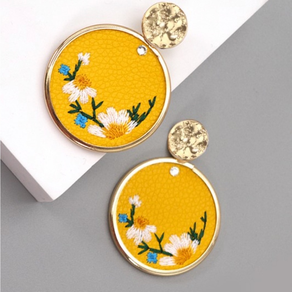 Handmade Vegan Leather Embroidered Floral gold post drop earrings